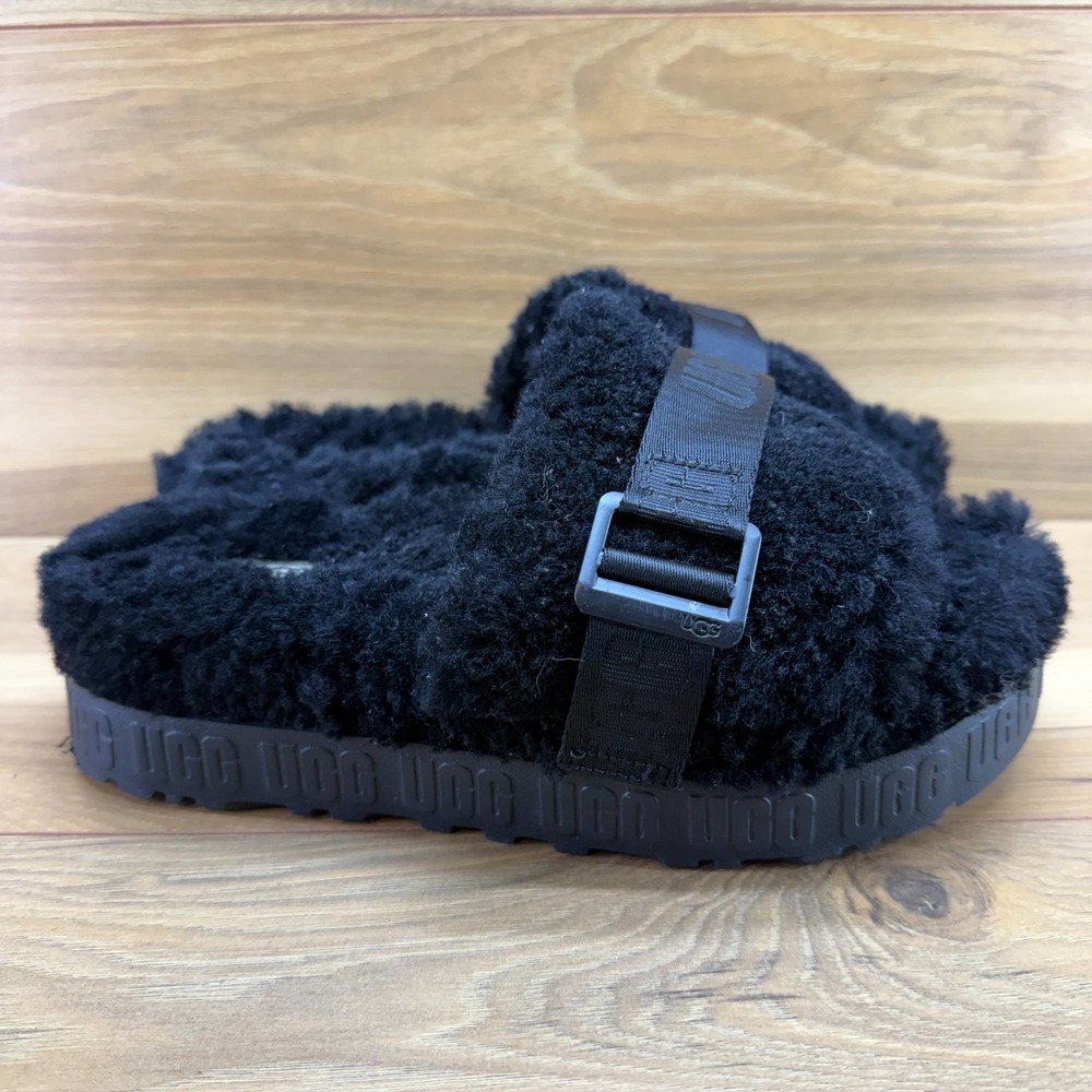 UGG Fluffita Flatform Slippers 8 Black Sherpa Shearling Slide Sandals Platform